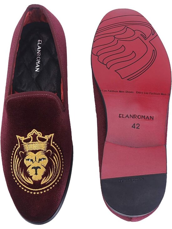 ELANROMAN Men\'s Wine Velvet Loafers Embroidered Lion Crown Formal Party Shoes main image 5